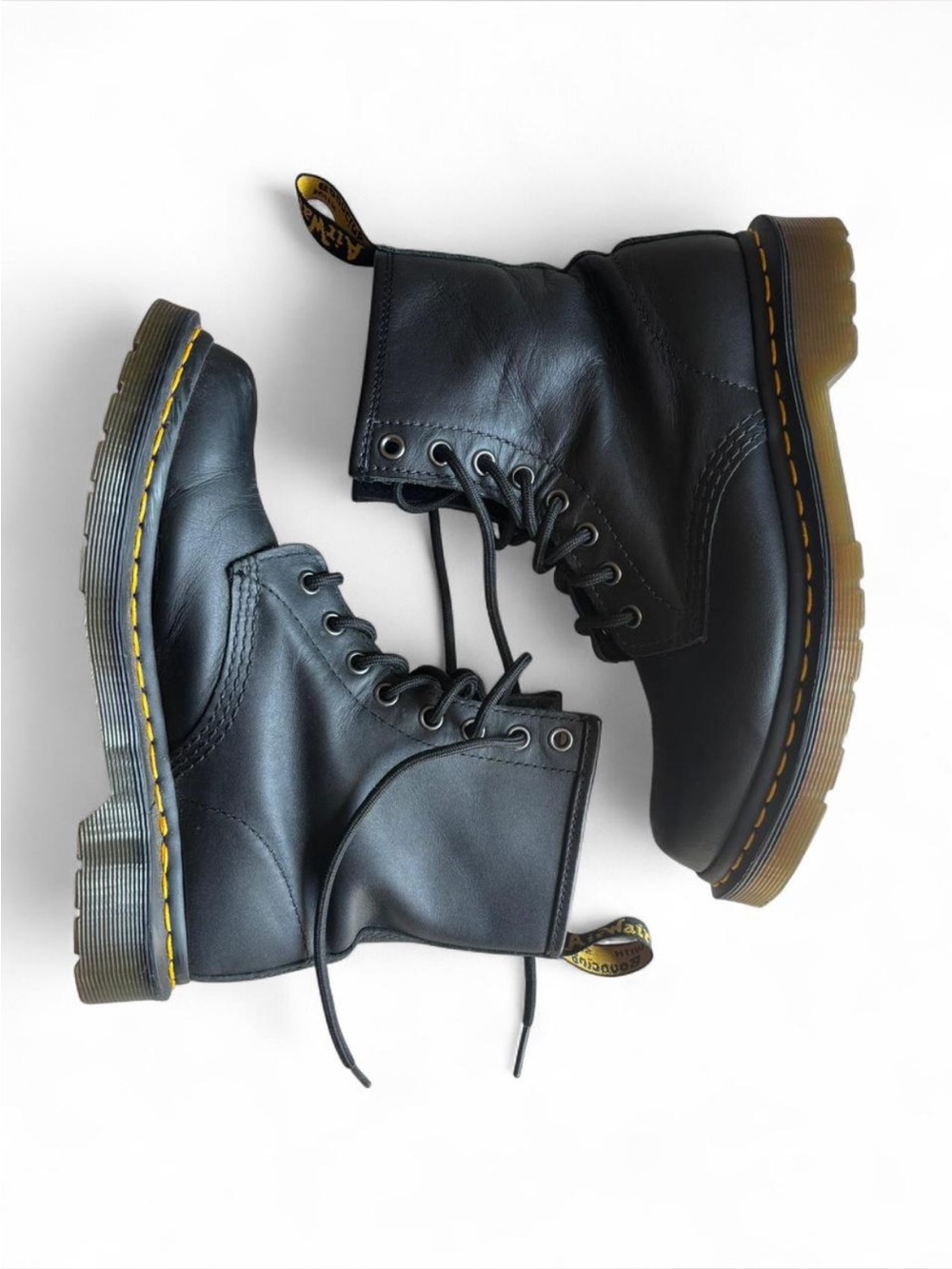 Dr. Martens Black Leather Lace-Up Boots with Yellow Stitching
